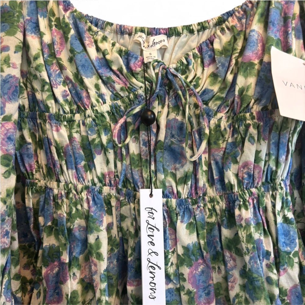 For Love & Lemons NWT Bridget Wisteria Floral Midi Dress S Cotton Puff Sleeve - Picture 4 of 7